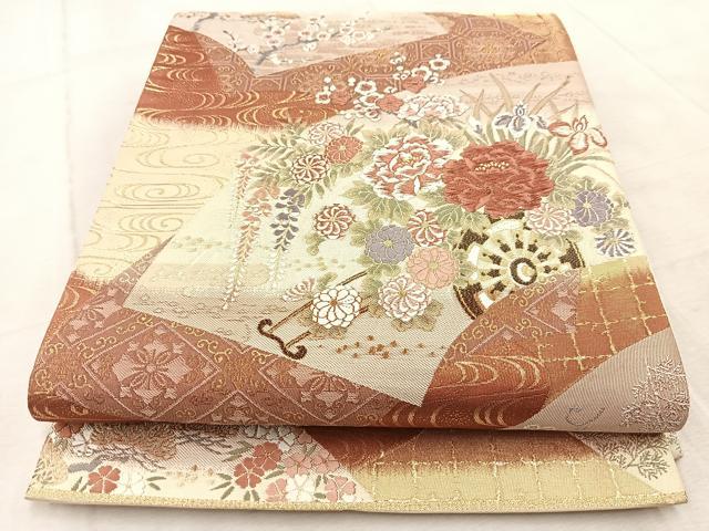 平和屋着物◎六通柄袋帯 唐織 扇面重花車文 金糸 正絹 逸品 BAAV4533yc
