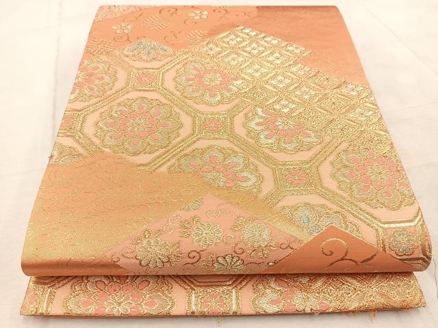 平和屋着物◎六通柄袋帯 唐織 松皮菱蜀江花文 金糸 正絹 逸品 BAAV4536yc