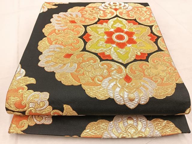平和屋着物◎六通柄袋帯 唐織 正倉院花文 黒地 金銀糸 正絹 逸品 BAAV4611yc