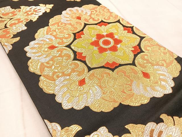 平和屋着物◎六通柄袋帯 唐織 正倉院花文 黒地 金銀糸 正絹 逸品 BAAV4611yc