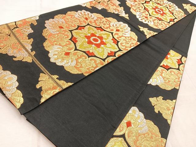 平和屋着物◎六通柄袋帯 唐織 正倉院花文 黒地 金銀糸 正絹 逸品 BAAV4611yc