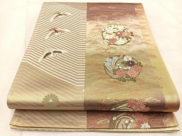 平和屋着物◎六通柄袋帯 唐織 飛鶴花丸文 金銀糸 正絹 逸品 BAAV4629yc
