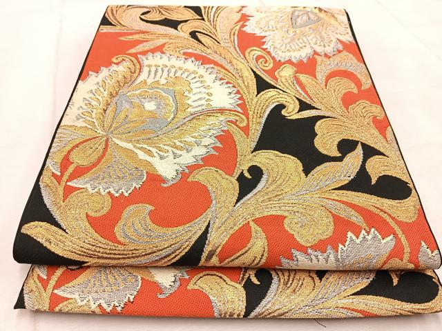 平和屋着物◎六通柄 本袋帯 唐織 更紗 黒地 金銀糸 正絹 逸品 BAAV4637yc