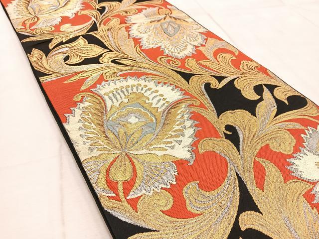 平和屋着物◎六通柄 本袋帯 唐織 更紗 黒地 金銀糸 正絹 逸品 BAAV4637yc