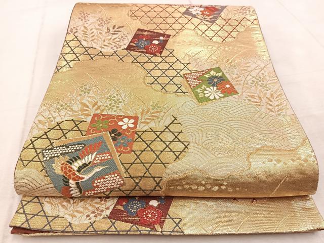 平和屋着物◎六通柄袋帯 唐織 吉祥色紙重ね花鳥文 金糸 正絹 逸品 BAAV4674yc