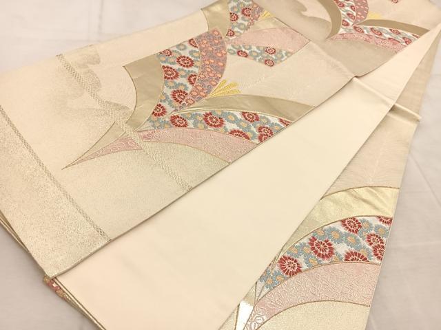 平和屋着物◎六通柄袋帯 唐織 若松葉取花文 金糸 正絹 逸品 BAAV4694yc