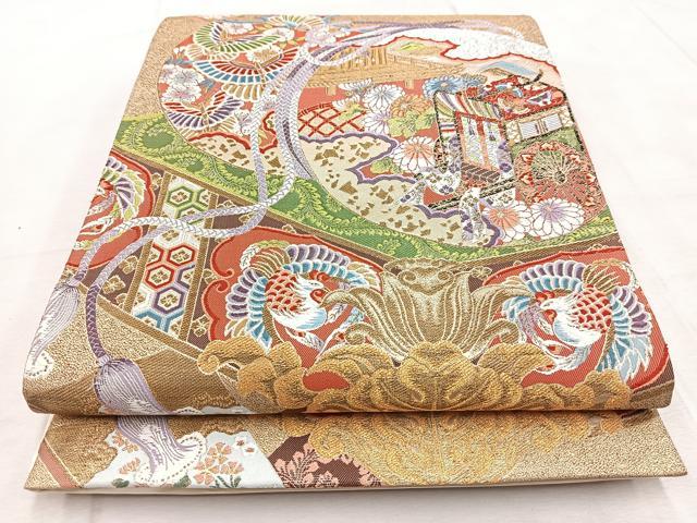 平和屋着物◎六通柄袋帯 唐織 御所車動物花文 金銀糸 正絹 逸品 BAAV4699yc