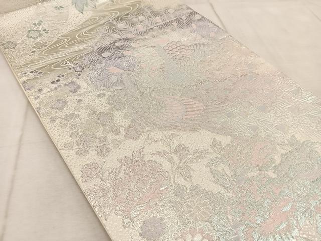 平和屋着物◎六通柄袋帯 流水孔雀花文 銀糸 正絹 逸品 BAAV4710yc