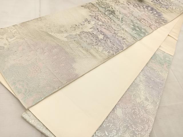 平和屋着物◎六通柄袋帯 流水孔雀花文 銀糸 正絹 逸品 BAAV4710yc