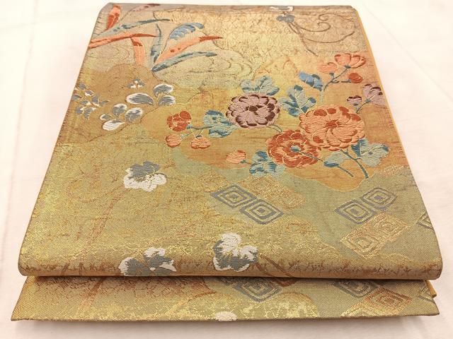 平和屋着物◎六通柄袋帯 唐織 雲取り花文 金糸 正絹 逸品 BAAV4713yc