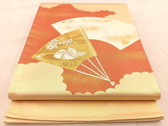 平和屋着物◎太鼓柄袋帯 刺繍 扇花鳥文 金彩 引箔 正絹 逸品 BAAV4740yc