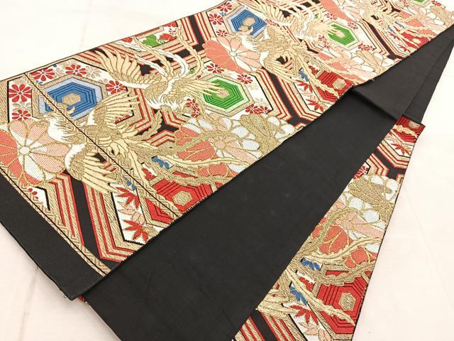 平和屋着物◎六通柄袋帯 唐織 鳳凰亀甲花文 黒地 金糸 BAAV4767yc