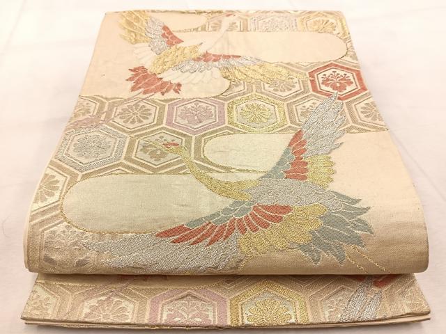 平和屋着物◎六通柄袋帯 唐織 飛鶴亀甲花文 金銀糸 正絹 逸品 BAAV4769yc