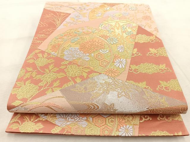 平和屋着物◎六通柄袋帯 唐織 切嵌草花文 金銀糸 正絹 逸品 BAAV4770yc