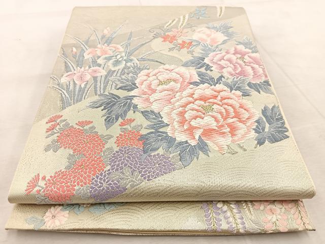 平和屋着物◎六通柄 本袋帯 唐織 花飾流水文 純プラチナ箔 正絹 逸品 BAAV4791yc