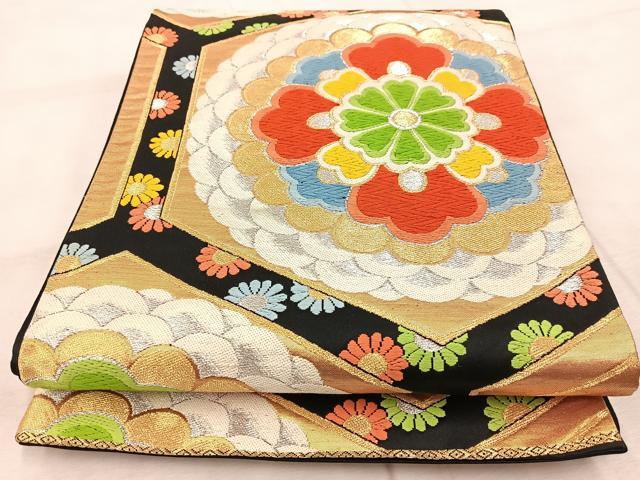 平和屋着物◎六通柄袋帯 唐織 亀甲花文 黒地 金銀糸 正絹 逸品 BAAV4820yc
