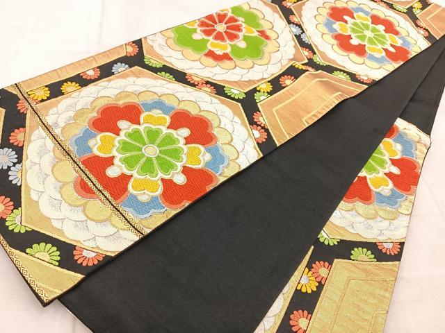 平和屋着物◎六通柄袋帯 唐織 亀甲花文 黒地 金銀糸 正絹 逸品 BAAV4820yc