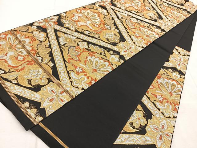 平和屋着物◎六通柄 本袋帯 更紗花菱文 黒地 金糸 BAAV4894yc