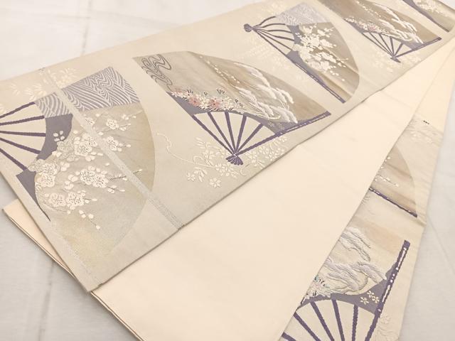 平和屋着物◎六通柄袋帯 唐織 扇面草花文 銀糸 正絹 逸品 BAAV4908yc