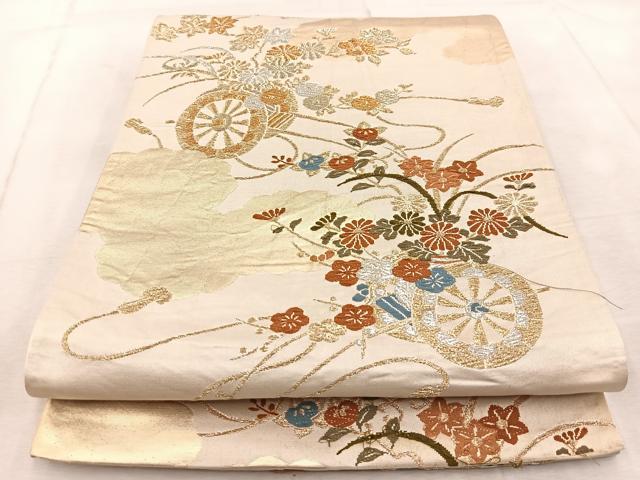 平和屋着物◎六通柄袋帯 唐織 雲重ね花車文 金銀糸 正絹 逸品 BAAV4924yc