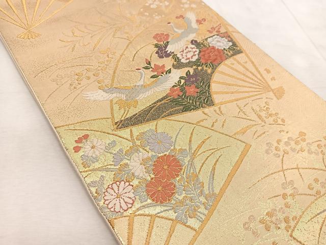 平和屋着物◎西陣 六通柄袋帯 唐織 飛鶴扇面秋草文 金糸 正絹 逸品 BAAV4927yc
