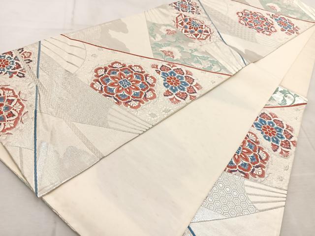 平和屋着物◎六通柄袋帯 唐織 扇更紗花文 銀糸 正絹 逸品 BAAV4928yc