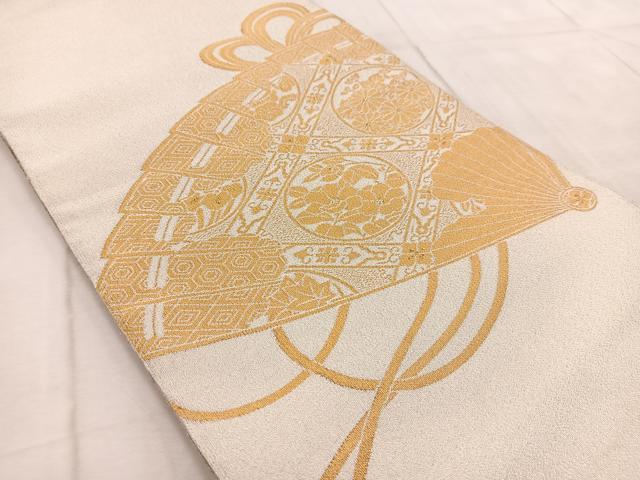 平和屋着物◎太鼓柄袋帯 綴れ 檜扇花文 金糸 正絹 逸品 BAAV4930yc