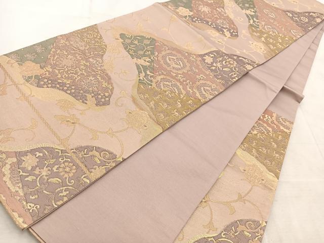 平和屋着物◎六通柄袋帯 双鶴更紗花文 金糸 正絹 逸品 BAAV4931yc