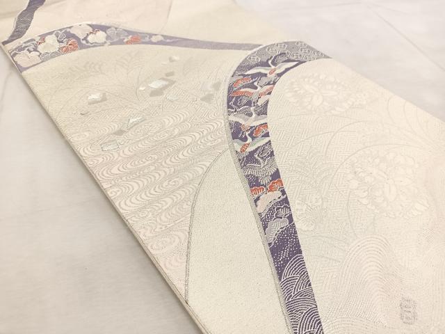 平和屋着物◎六通柄袋帯 飛鶴花蝶文 銀糸 正絹 逸品 BAAV4932yc