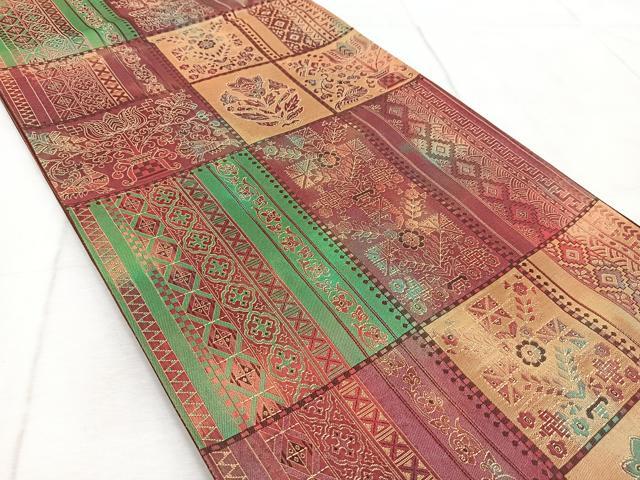平和屋着物◎六通柄袋帯 更紗花鳥文 引箔 正絹 逸品 BAAV4938yc