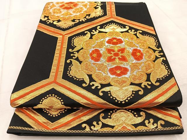 平和屋着物◎六通柄袋帯 唐織 亀甲花文 黒地 金銀糸 正絹 逸品 BAAV4958yc