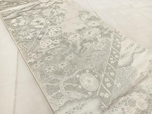 平和屋着物◎六通柄袋帯 唐織 孔雀鼓牡丹花紋 正絹 逸品 BAAV4966yc