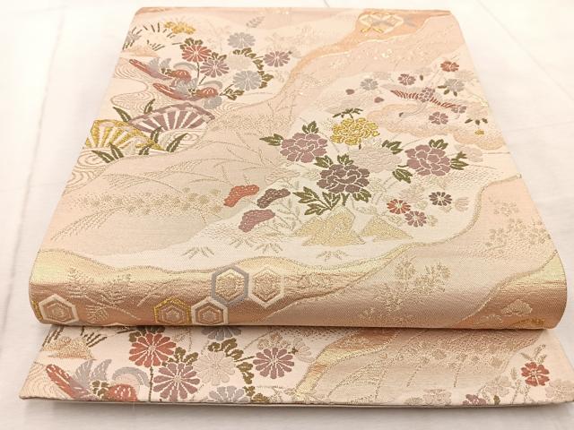 平和屋着物◎六通柄袋帯 唐織 道長花鳥文 金糸 正絹 逸品 BAAV4977yc