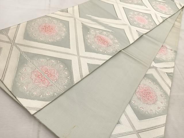 平和屋着物◎六通柄袋帯 唐織 菱天井孔雀羽花文 銀糸 正絹 逸品 BAAV4995yc