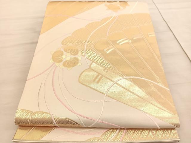 平和屋着物◎六通柄袋帯 唐織 清風錦 九百 桧扇文 金糸 正絹 逸品 BAAV5007hv
