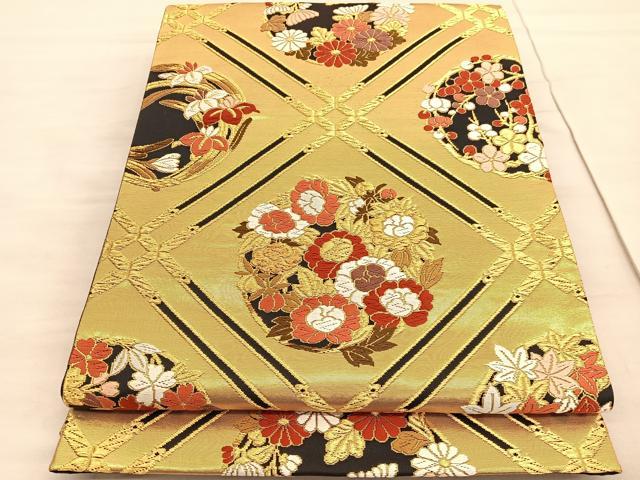 平和屋着物◎六通柄袋帯 唐織 菱天井花丸文 黒地 金糸 正絹 逸品 BAAV5024hv