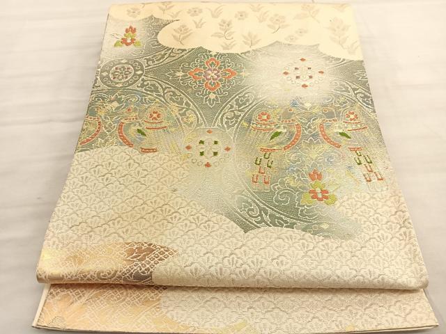 平和屋着物◎六通柄袋帯 唐織 向かい鳥雲取り花文 金糸 正絹 逸品 BAAV5043hv