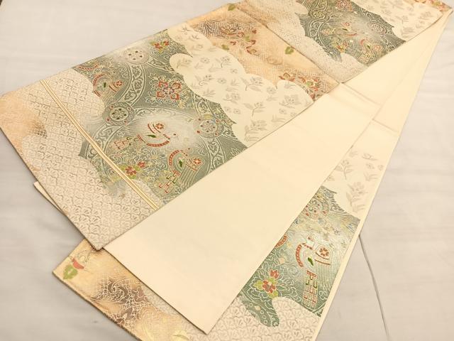 平和屋着物◎六通柄袋帯 唐織 向かい鳥雲取り花文 金糸 正絹 逸品 BAAV5043hv