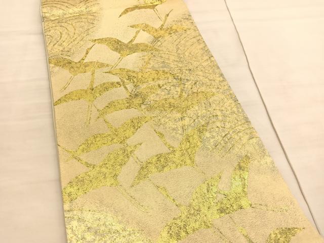 平和屋着物◎六通柄袋帯 流水飛鶴シルエット 金糸 正絹 逸品 未使用 BAAV5068hv