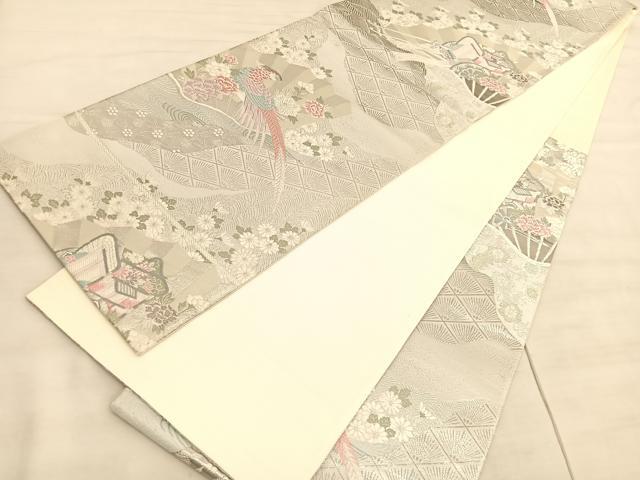 平和屋着物◎六通柄袋帯 唐織 花車扇鳥文 プラチナ二重箔 正絹 逸品 BAAV5162hv