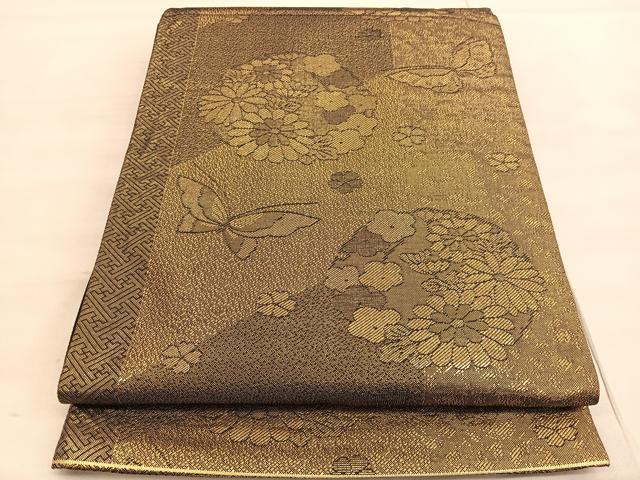 平和屋着物◎全通柄袋帯 花蝶文 金糸 正絹 逸品 BAAV5172hv
