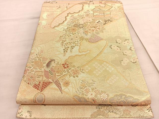 平和屋着物◎佐賀錦 六通柄袋帯 鉾花鳥絵巻文 金糸 正絹 逸品 BAAV5220hv