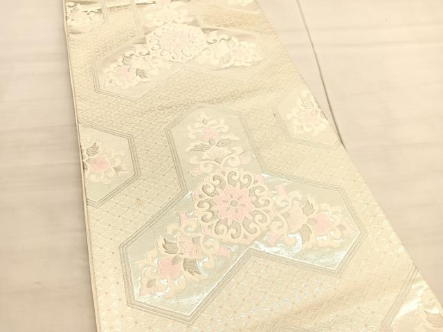 平和屋着物◎六通柄袋帯 唐織 毘沙門亀甲花文 銀糸 正絹 逸品 BAAV5234hv