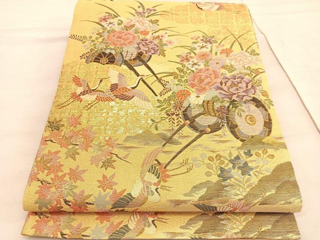 平和屋着物◎六通柄袋帯 飛鶴花車文 金糸 正絹 逸品 BAAV5260hv