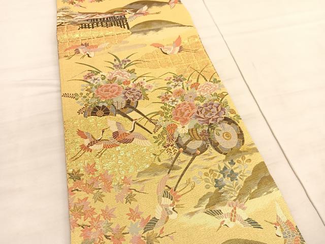 平和屋着物◎六通柄袋帯 飛鶴花車文 金糸 正絹 逸品 BAAV5260hv