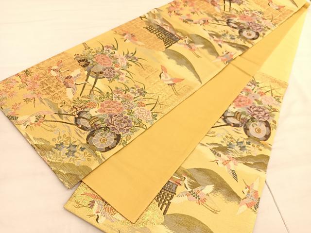 平和屋着物◎六通柄袋帯 飛鶴花車文 金糸 正絹 逸品 BAAV5260hv