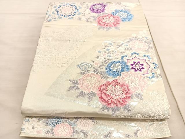 平和屋着物◎六通柄袋帯 唐織 扇面取牡丹小花文 銀糸 正絹 逸品 BAAV5270hv
