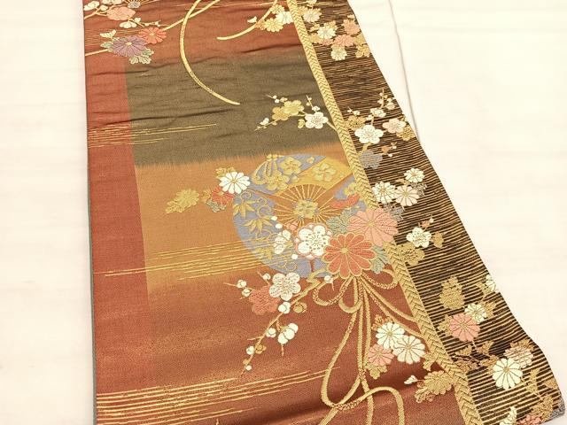 平和屋着物◎六通柄袋帯 唐織 扇面笹梅花文 金糸 正絹 逸品 BAAV5272hv