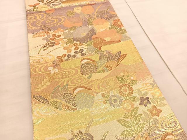 平和屋着物◎佐賀錦 六通柄袋帯 流水鴛鴦花文 金糸 正絹 逸品 BAAV5306hv