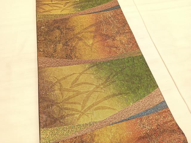平和屋着物◎六通柄袋帯 草葉文 ふくれ織 金糸 正絹 逸品 BAAV5309hv